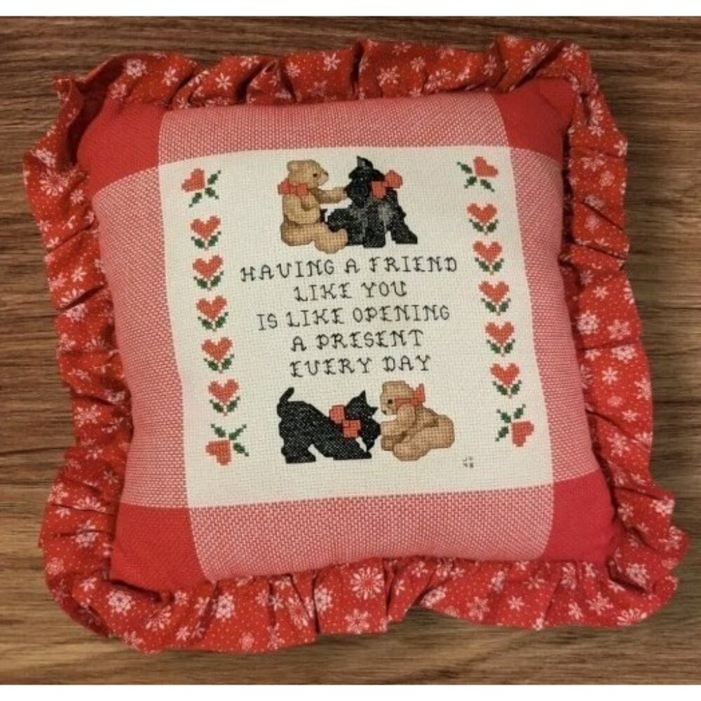 Handmade Pillow Scottie Dog Cross Stitch Bear Friend Throw Accent GrannyCore Vtg